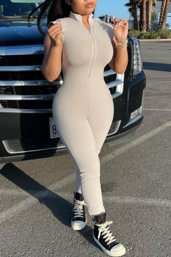 Light Gray Casual Solid Patchwork Zipper Collar Skinny Jumpsuits