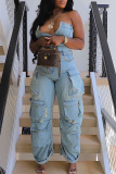 Baby Blue Casual Solid Ripped Patchwork Backless Strapless Sleeveless High Waist Regular Denim Jumpsuits