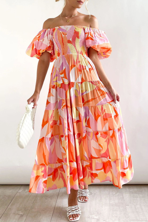 Tangerine Red Sweet Elegant Print Asymmetrical Off the Shoulder Printed Dress Dresses