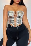 Gold Sexy Casual Solid Frenulum Backless Strapless Tops