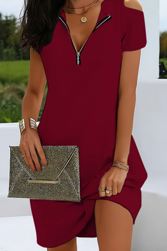 Burgundy Casual Zipper Zipper Collar Pencil Skirt Dresses