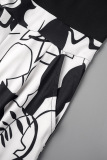 Black Casual Print Patchwork Flounce Zipper V Neck Loose Jumpsuits