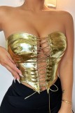Gold Sexy Casual Solid Frenulum Backless Strapless Tops