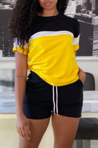 Yellow Casual Patchwork Contrast O Neck Short Sleeve Two Pieces