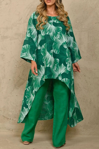 Ink Green Casual Print Basic O Neck Long Sleeve Two Pieces