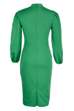 Green Fashion Casual Solid Hollowed Out O Neck Long Sleeve Dresses