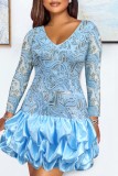 Blue Casual Party Patchwork Sequins V Neck Long Sleeve Dresses