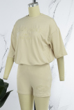 Cream White Casual Solid Embroidered Letter O Neck Half Sleeve Two Pieces