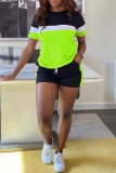 Fluorescent Green Casual Patchwork Contrast O Neck Short Sleeve Two Pieces