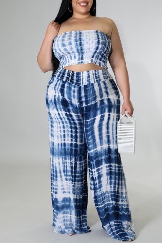 Blue Casual Print Tie Dye Backless Strapless Plus Size Two Pieces