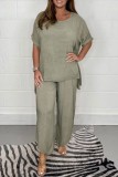Light Green Casual Solid Basic O Neck Half Sleeve Two Pieces