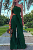 Ink Green Casual Vacation Solid Patchwork Oblique Collar Sleeveless Two Pieces