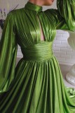 Green Casual Solid Hollowed Out Slit Turtleneck Long Dress Dresses