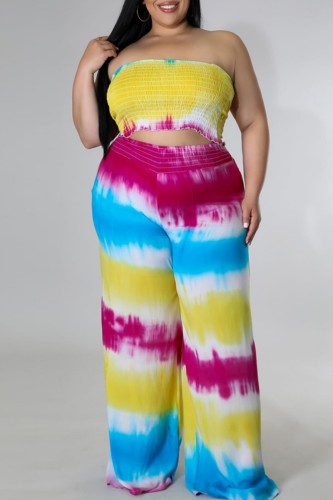 Yellow Casual Print Tie Dye Backless Strapless Plus Size Two Pieces