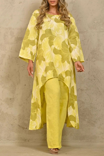 Yellow Casual Print Basic O Neck Long Sleeve Two Pieces