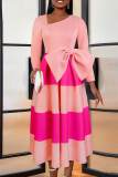 Pink Casual Striped Patchwork With Bow Oblique Collar A Line Dresses