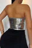 Silver Sexy Casual Solid Frenulum Backless Strapless Tops