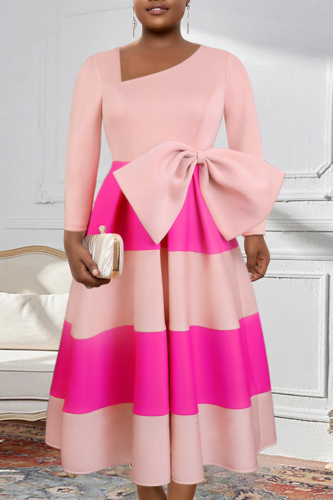 Pink Casual Striped Patchwork With Bow Oblique Collar A Line Dresses