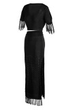 Black Sexy Solid Tassel Slit V Neck Short Sleeve Two Pieces