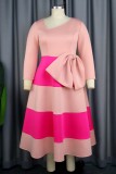 Pink Casual Striped Patchwork With Bow Oblique Collar A Line Dresses