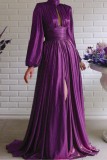 Purple Casual Solid Hollowed Out Slit Turtleneck Long Dress Dresses