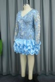 Blue Casual Party Patchwork Sequins V Neck Long Sleeve Dresses
