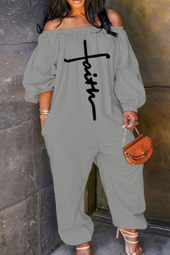 Grey Casual Print Patchwork Off the Shoulder Loose Jumpsuits
