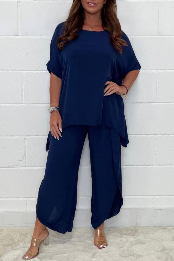 Deep Blue Casual Solid Basic O Neck Half Sleeve Two Pieces