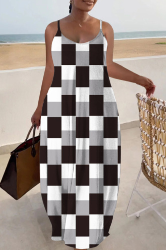 White Grey Sexy Casual Print Backless Spaghetti Strap Long Dress Dresses