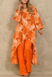 Orange Casual Print Basic O Neck Long Sleeve Two Pieces