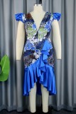 Blue Casual Print Patchwork V Neck Short Sleeve Dress Dresses