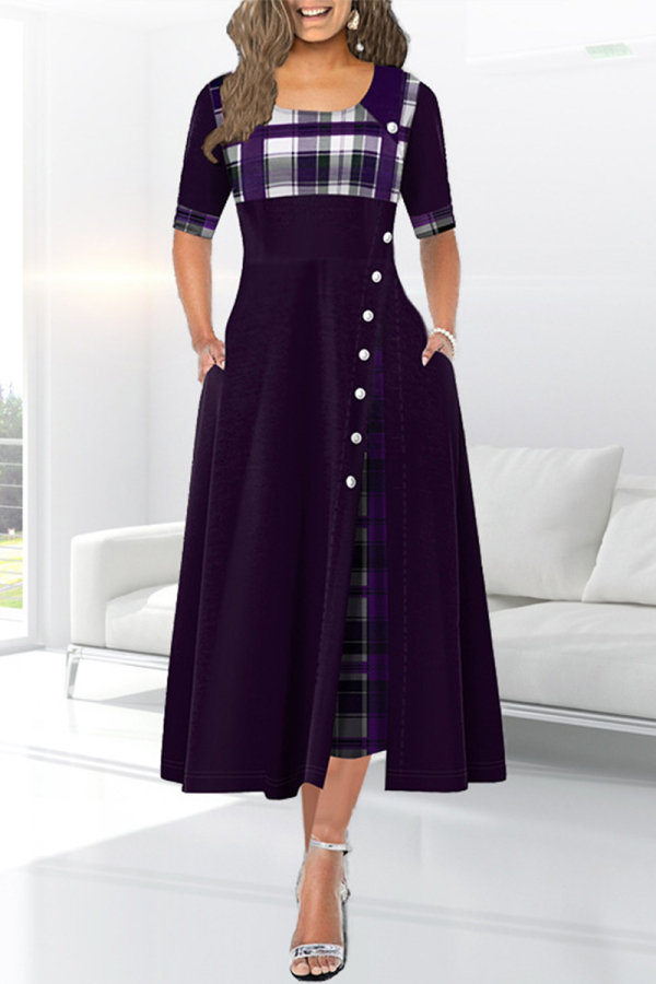 Purple Vintage Elegant Solid Patchwork O Neck Waist Skirt Dresses