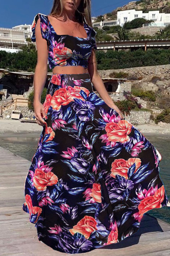 Bohemian Vacation Print Patchwork Square Collar Sleeveless Two Pieces