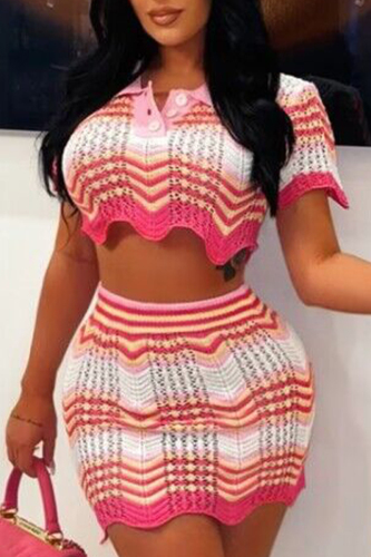 Rose Red Casual Striped Hollowed Out Buttons Turndown Collar Short Sleeve Two Pieces