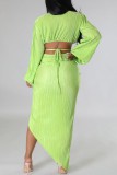 Green Deep V Neck Lantern Sleeve Crop Top and Ruched Hign Slit Maxi Skirt Casual Vacation Skinny Two Piece Dress