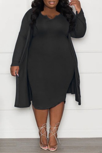 Black Casual Solid Basic V Neck Plus Size Two Pieces