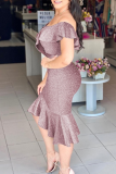 Pink Sexy Print Patchwork Flounce Off the Shoulder Irregular Dress Dresses