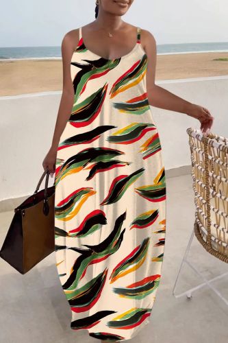 Apricot Sexy Casual Print Backless Spaghetti Strap Long Dress Dresses