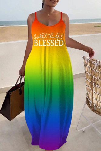 Orange Yellow Sexy Casual Print Backless Spaghetti Strap Long Dress Dresses
