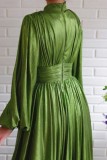 Green Casual Solid Hollowed Out Slit Turtleneck Long Dress Dresses