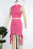 Rose Red Casual Solid Basic Half A Turtleneck Sleeveless Two Pieces