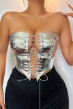 Silver Sexy Casual Solid Frenulum Backless Strapless Tops