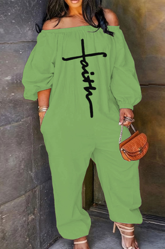 Light Green Casual Print Patchwork Off the Shoulder Loose Jumpsuits