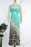 Lake Green Sexy Casual Print Hollowed Out Backless Strapless Long Dress Dresses