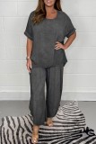 Grey Casual Solid Basic O Neck Half Sleeve Two Pieces