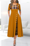 Yellow Vintage Elegant Solid Patchwork O Neck Waist Skirt Dresses