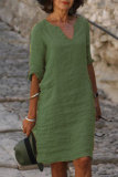 Army Green Casual Solid Basic V Neck A Line Dresses