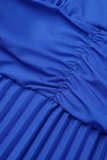 Blue Sexy Casual Gradual Change Print Bandage Backless Pleated V Neck Long Dress Dresses