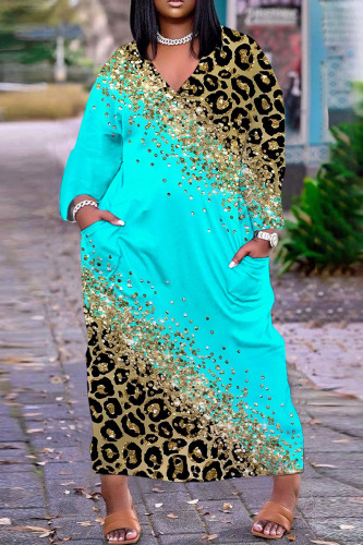 Light Blue Casual Print Basic V Neck Long Sleeve Dresses