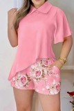 Pink Casual Print Patchwork Asymmetrical Turndown Collar Short Sleeve Two Pieces